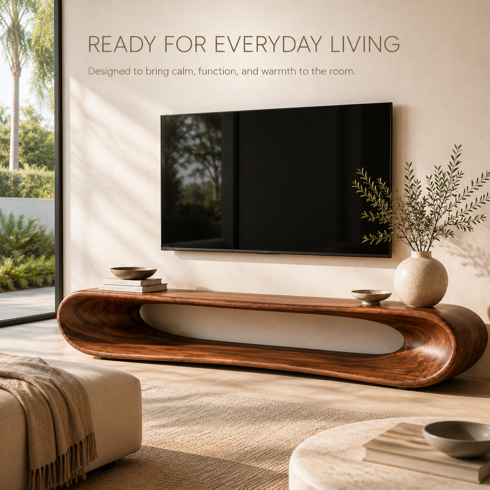 Noelle Sculptural Solid Wood TV Stand - Design 030 - TV stand detail and styling view 06