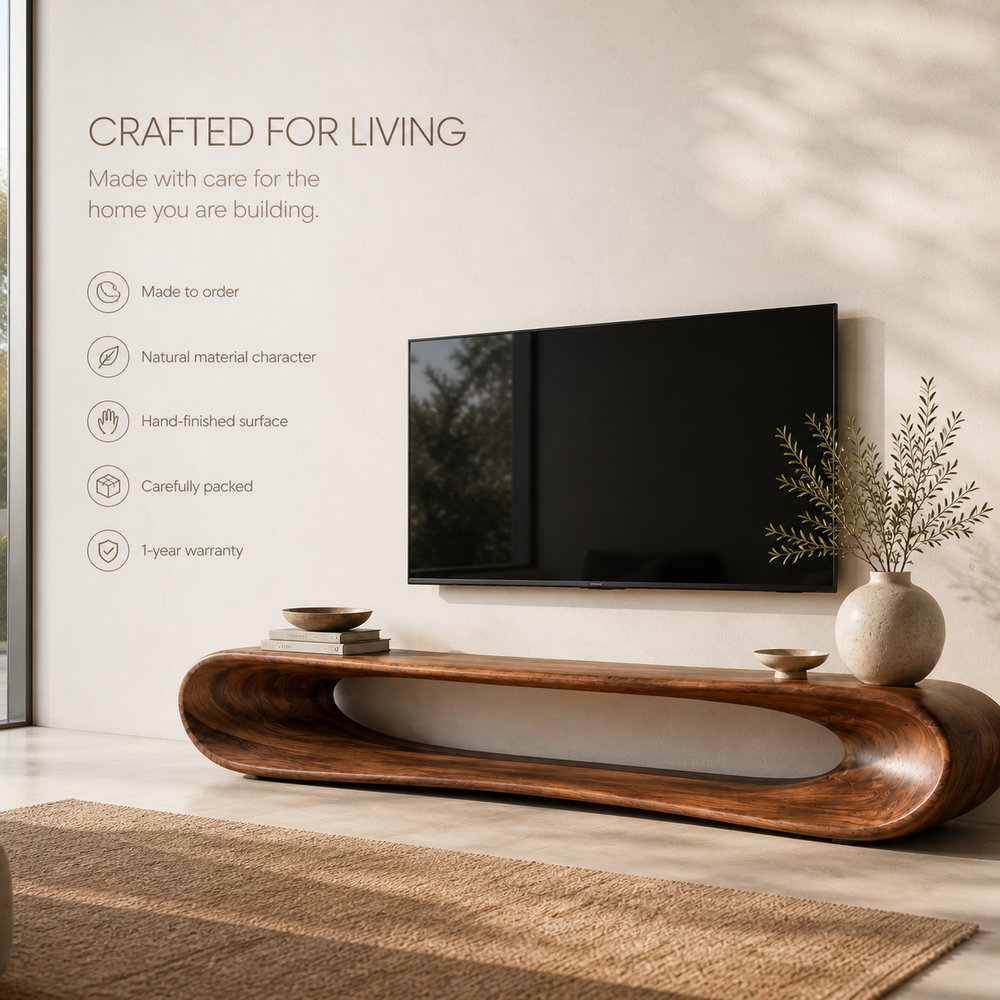 Noelle Sculptural Solid Wood TV Stand - Design 030 - TV stand detail and styling view 08
