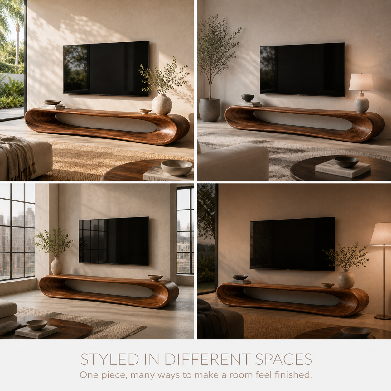 Noelle Sculptural Solid Wood TV Stand - Design 030 - TV stand detail and styling view 09