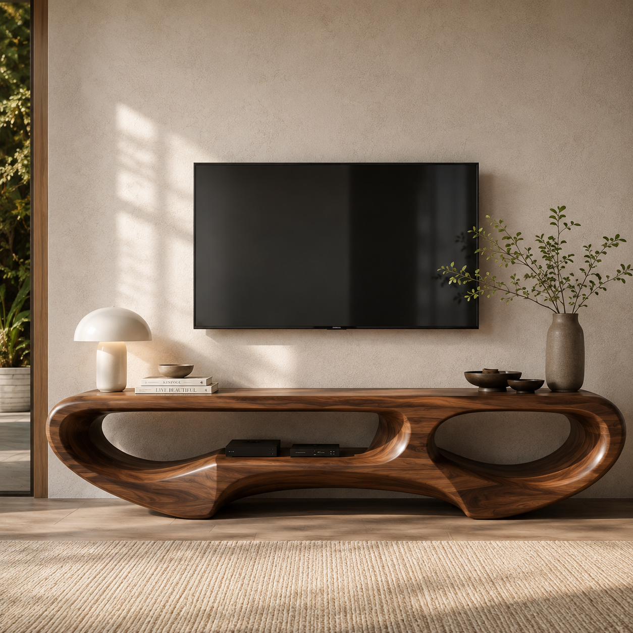 Elian Sculptural Solid Wood TV Stand - Design 031 - premium solid wood TV stand main lifestyle view
