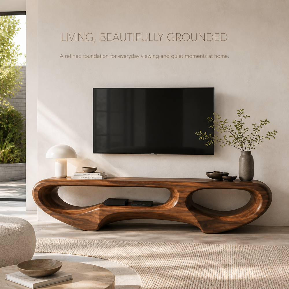 Elian Sculptural Solid Wood TV Stand - Design 031 - TV stand detail and styling view 01