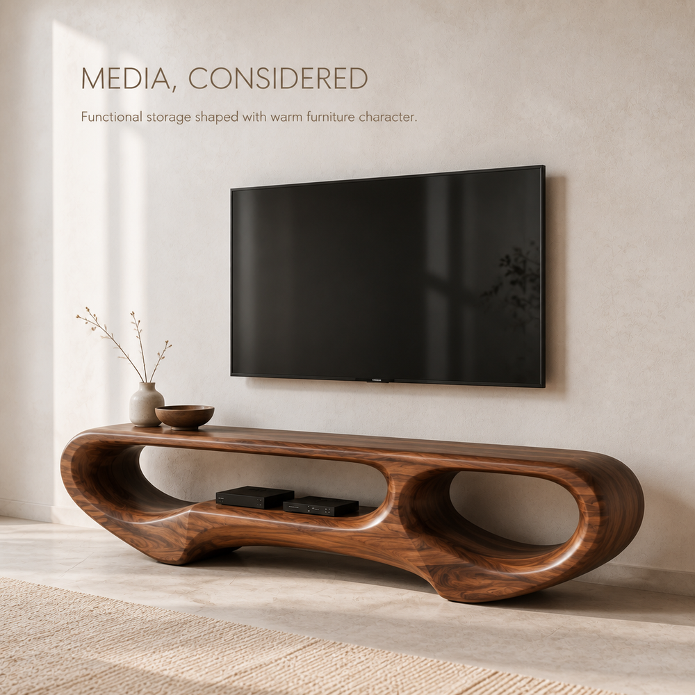 Elian Sculptural Solid Wood TV Stand - Design 031 - TV stand detail and styling view 02