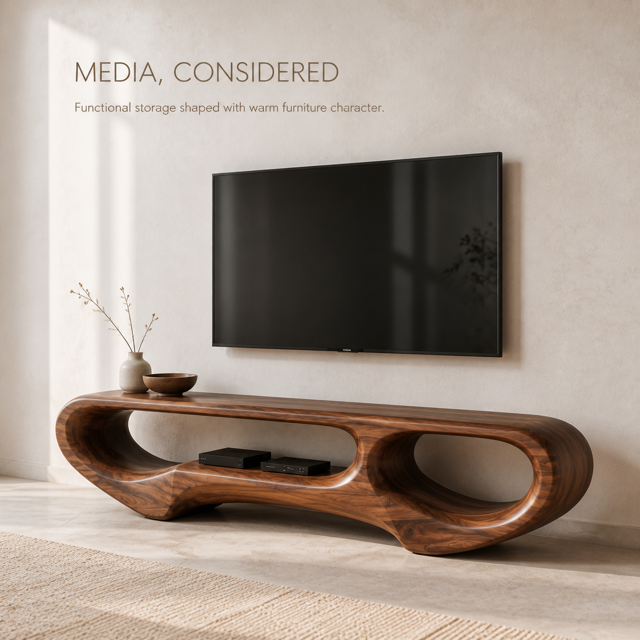 Elian Sculptural Solid Wood TV Stand - Design 031 - TV stand detail and styling view 02