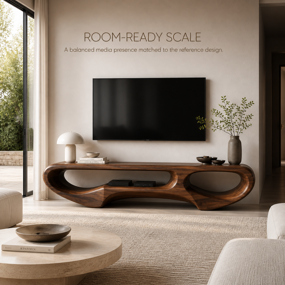 Elian Sculptural Solid Wood TV Stand - Design 031 - TV stand detail and styling view 03