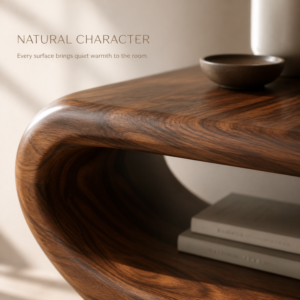 Elian Sculptural Solid Wood TV Stand - Design 031 - TV stand detail and styling view 04