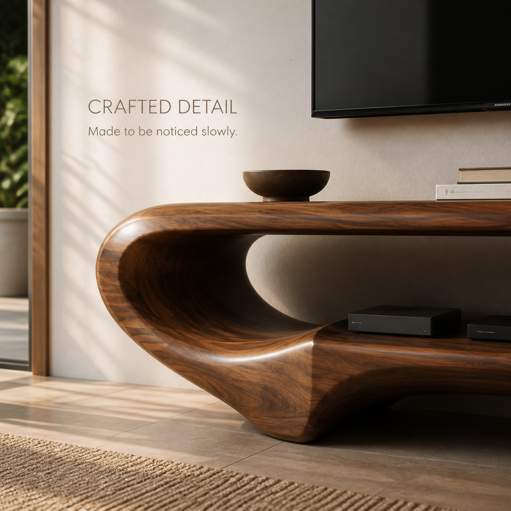 Elian Sculptural Solid Wood TV Stand - Design 031 - TV stand detail and styling view 05
