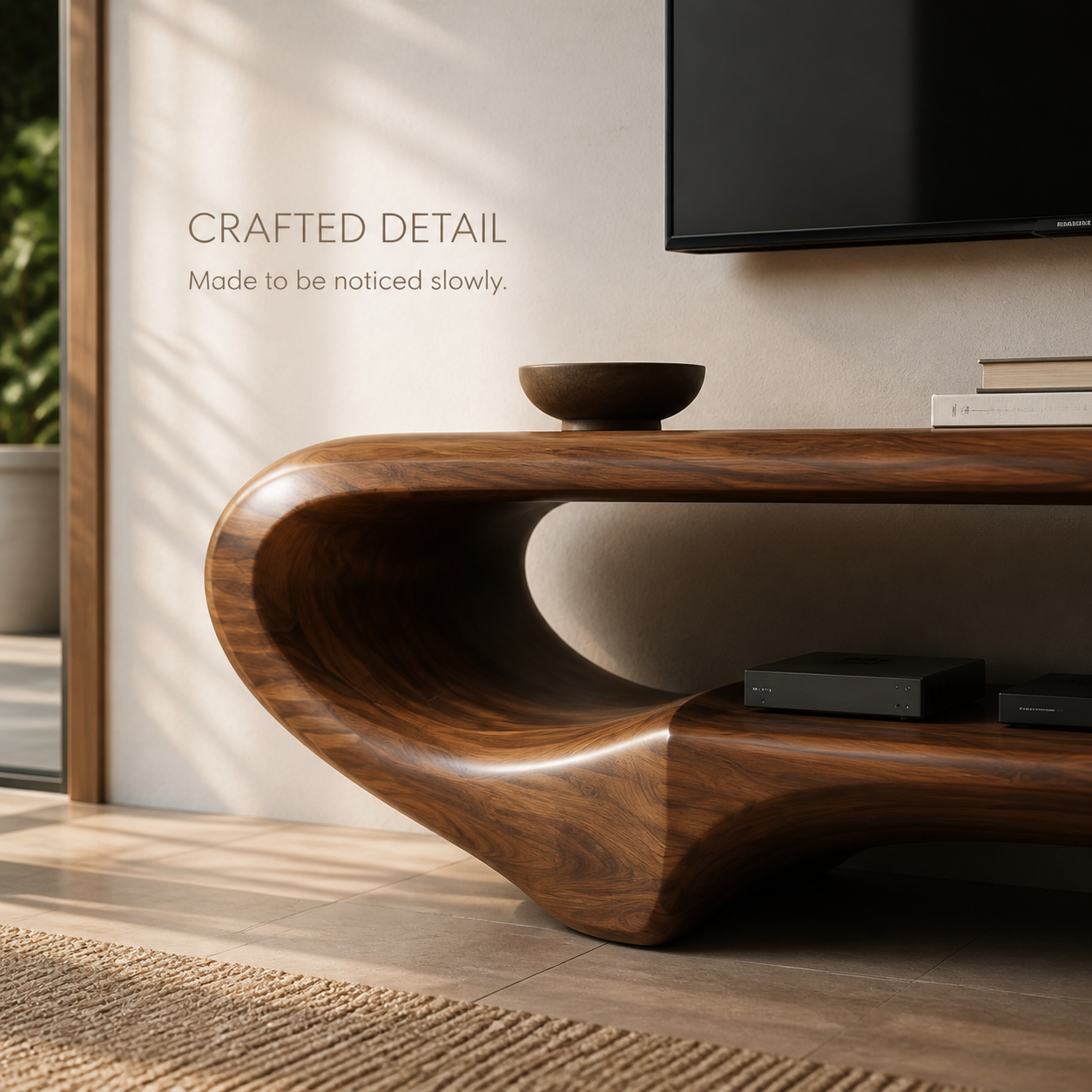 Elian Sculptural Solid Wood TV Stand - Design 031 - TV stand detail and styling view 05