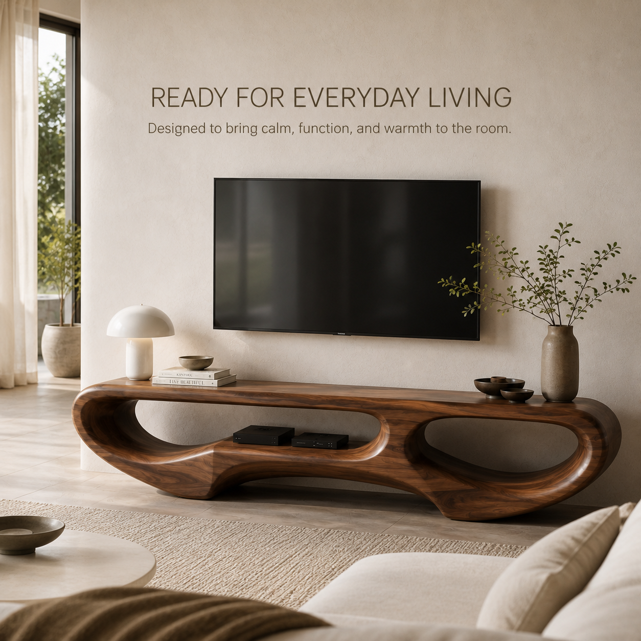 Elian Sculptural Solid Wood TV Stand - Design 031 - TV stand detail and styling view 06