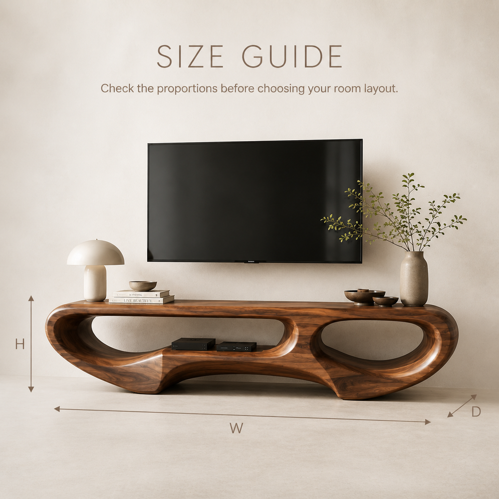 Elian Sculptural Solid Wood TV Stand - Design 031 - TV stand detail and styling view 07