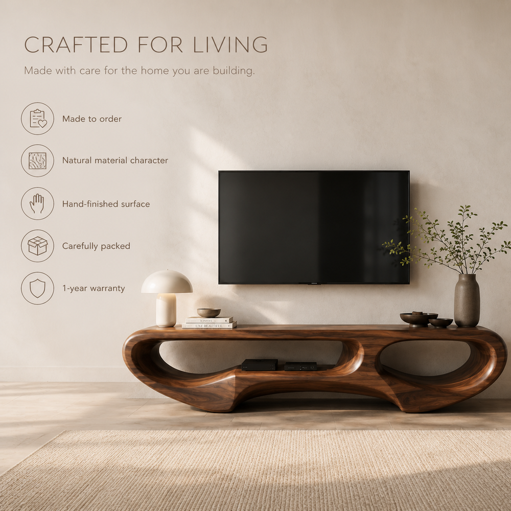 Elian Sculptural Solid Wood TV Stand - Design 031 - TV stand detail and styling view 08