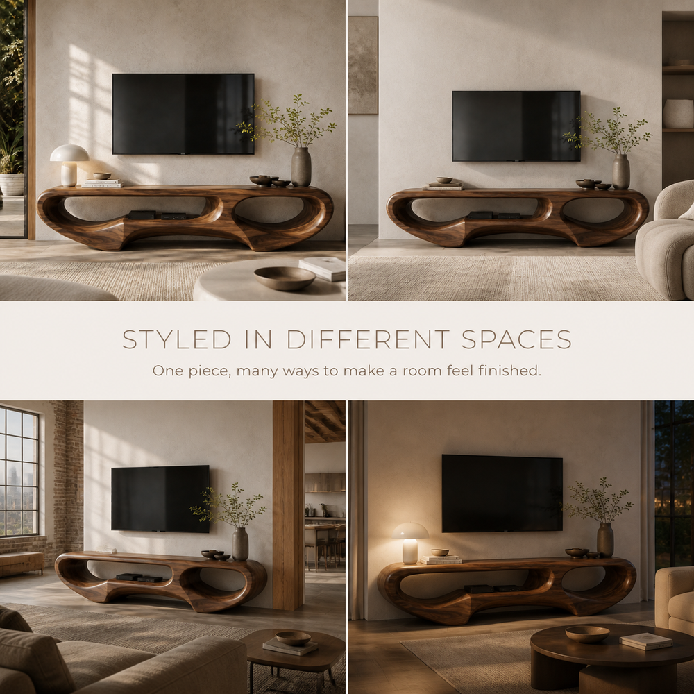 Elian Sculptural Solid Wood TV Stand - Design 031 - TV stand detail and styling view 09