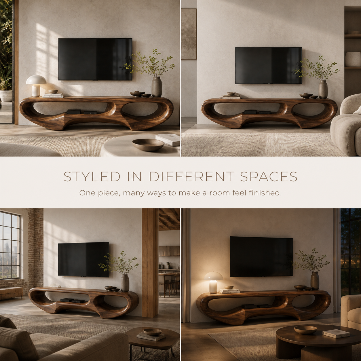 Elian Sculptural Solid Wood TV Stand - Design 031 - TV stand detail and styling view 09