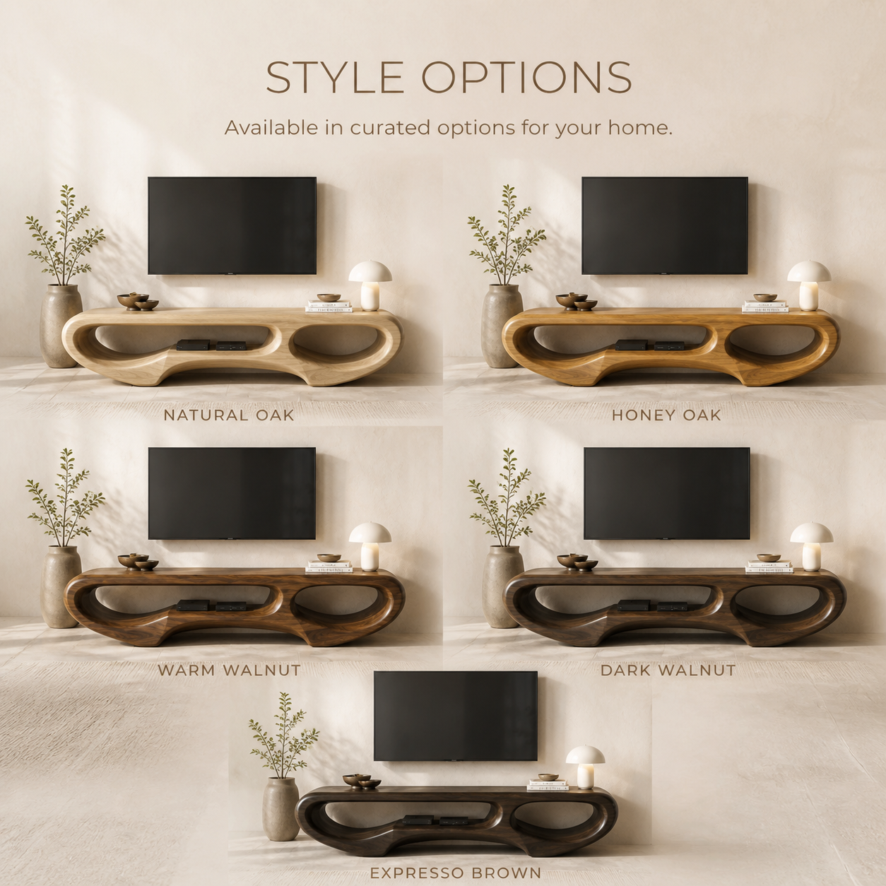 Elian Sculptural Solid Wood TV Stand - Design 031 - TV stand detail and styling view 10