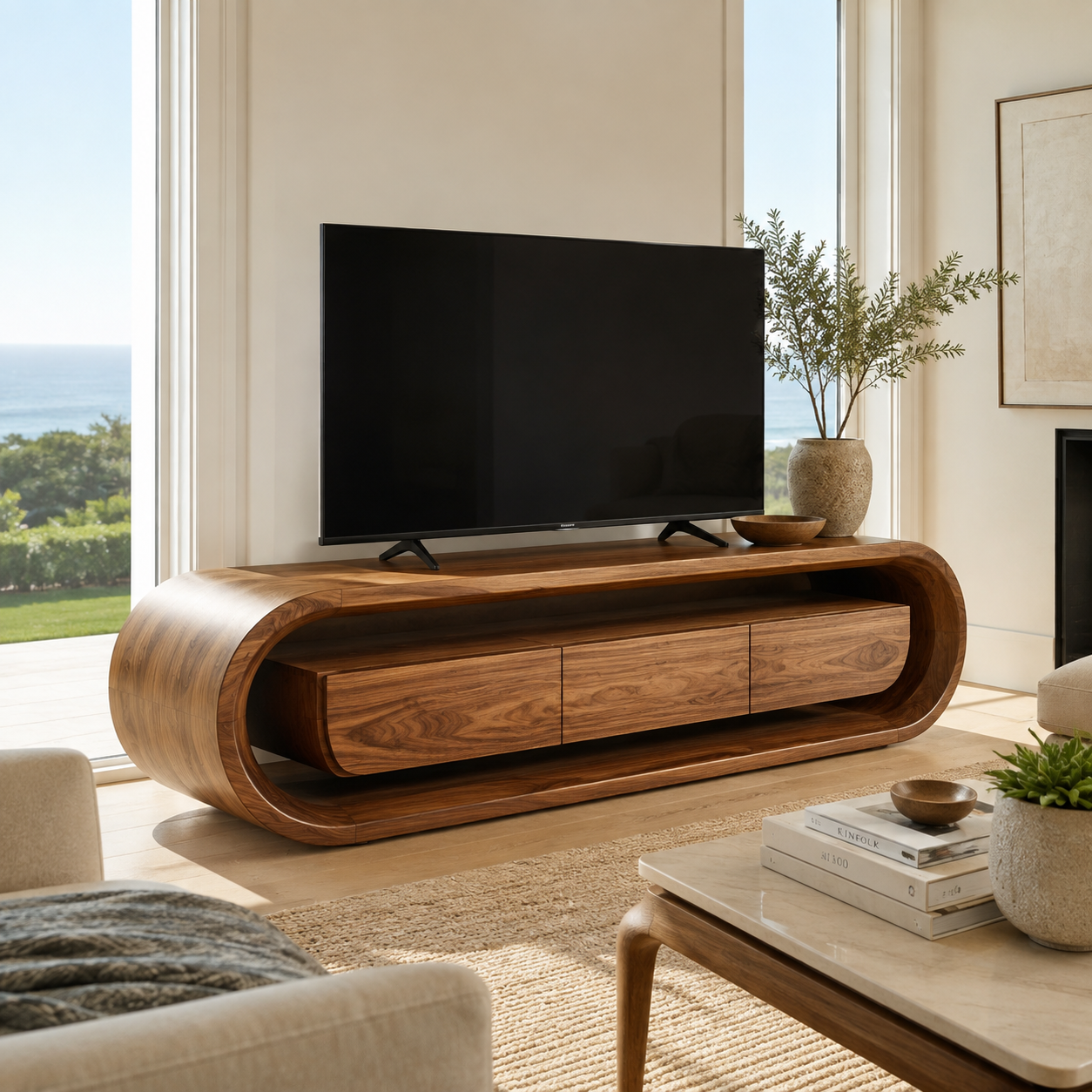 Seraph Sculptural Solid Wood TV Stand - Design 032 - premium solid wood TV stand main lifestyle view