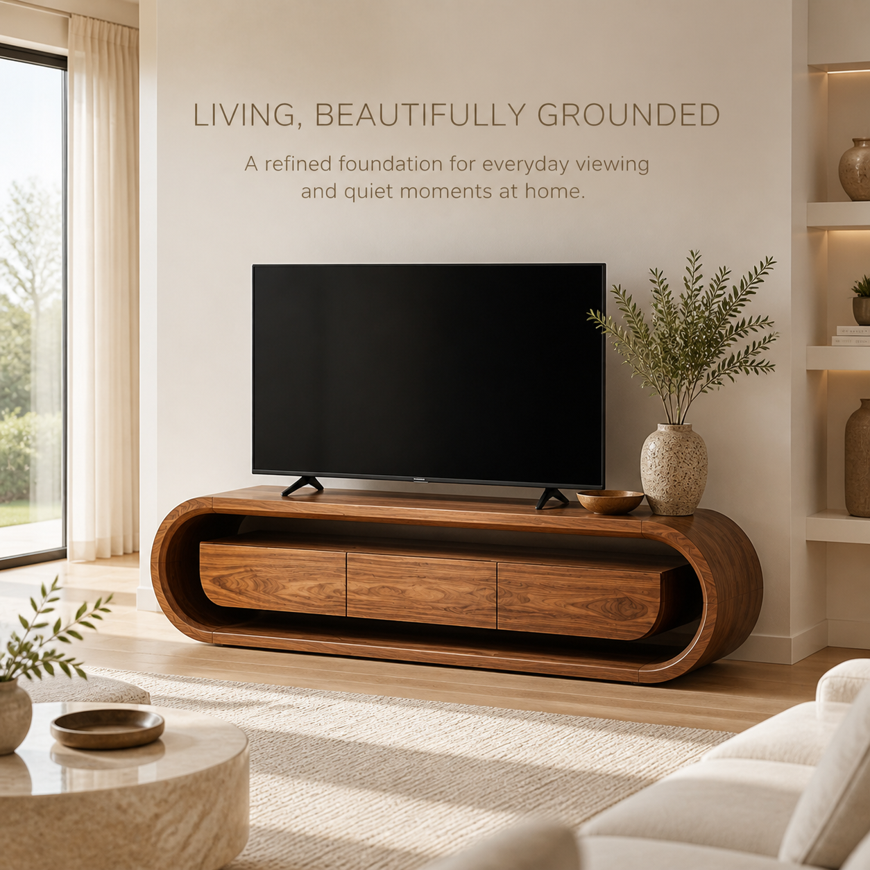 Seraph Sculptural Solid Wood TV Stand - Design 032 - TV stand detail and styling view 01