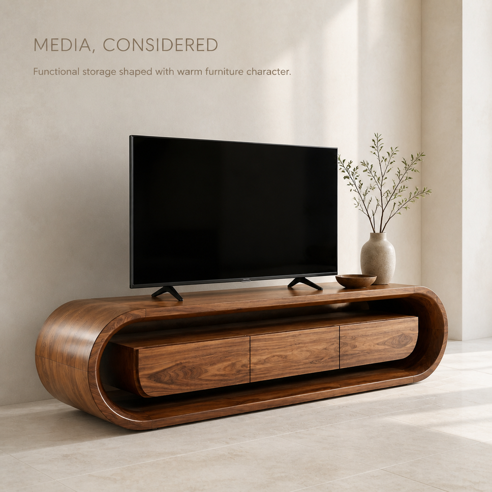 Seraph Sculptural Solid Wood TV Stand - Design 032 - TV stand detail and styling view 02