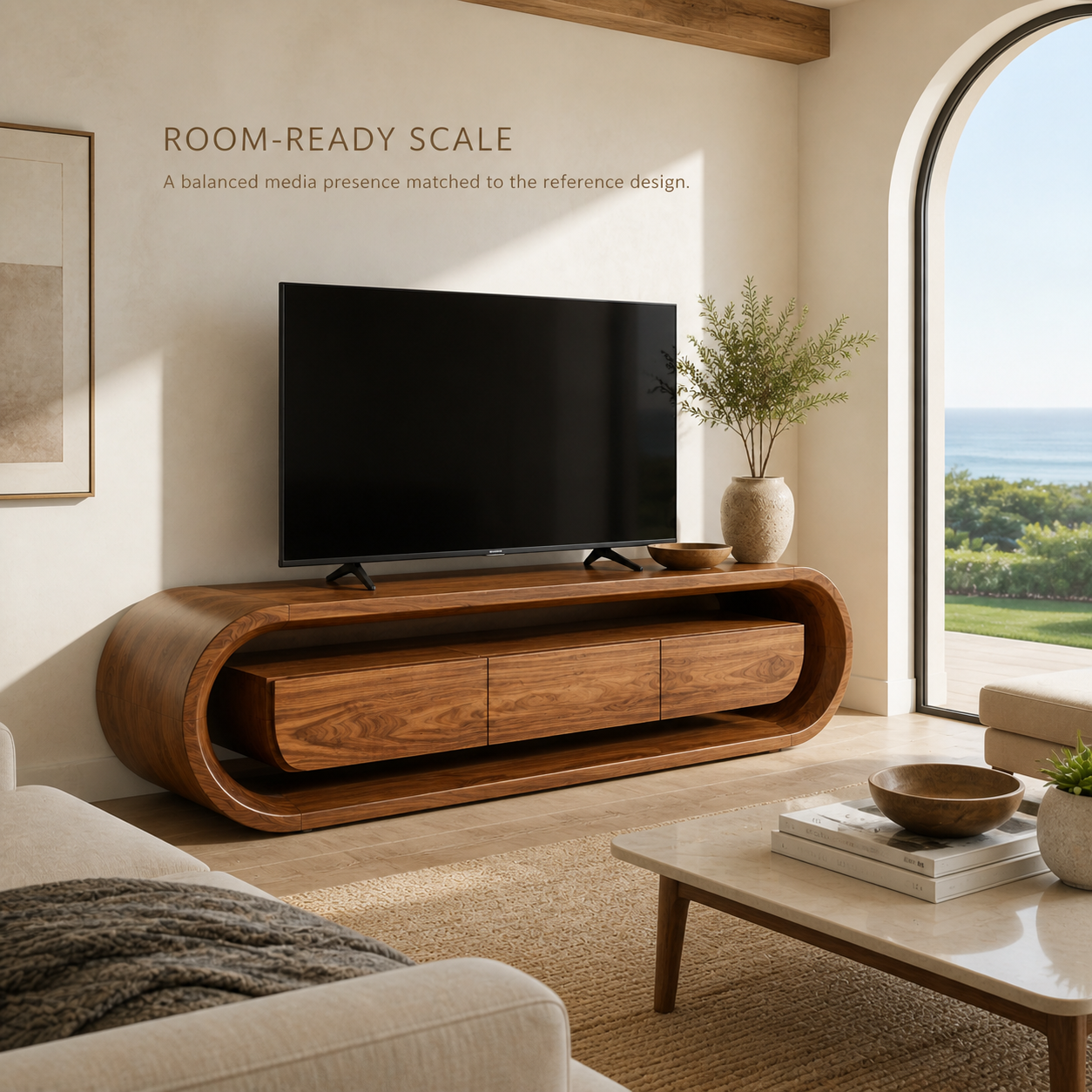 Seraph Sculptural Solid Wood TV Stand - Design 032 - TV stand detail and styling view 03