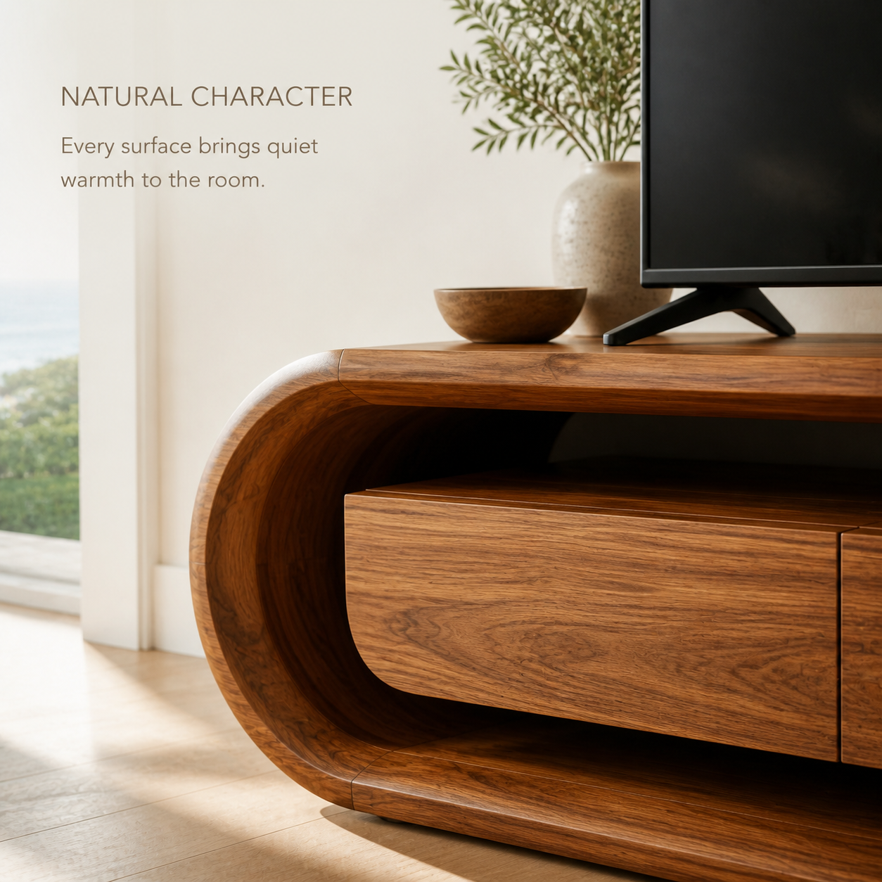 Seraph Sculptural Solid Wood TV Stand - Design 032 - TV stand detail and styling view 04