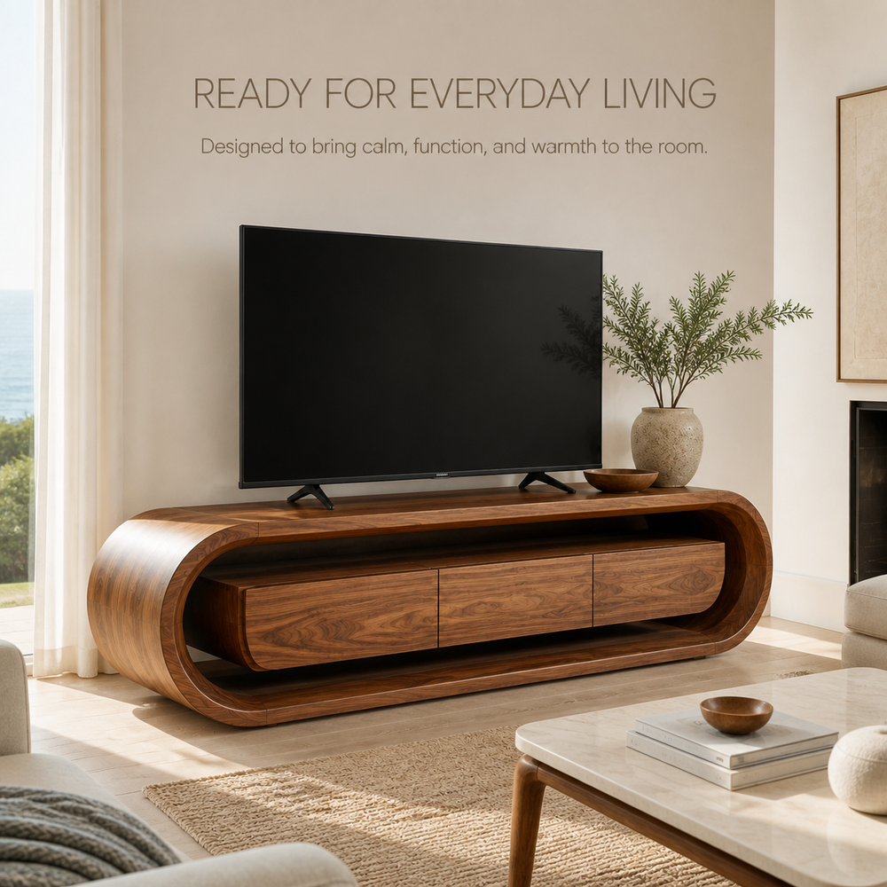 Seraph Sculptural Solid Wood TV Stand - Design 032 - TV stand detail and styling view 06