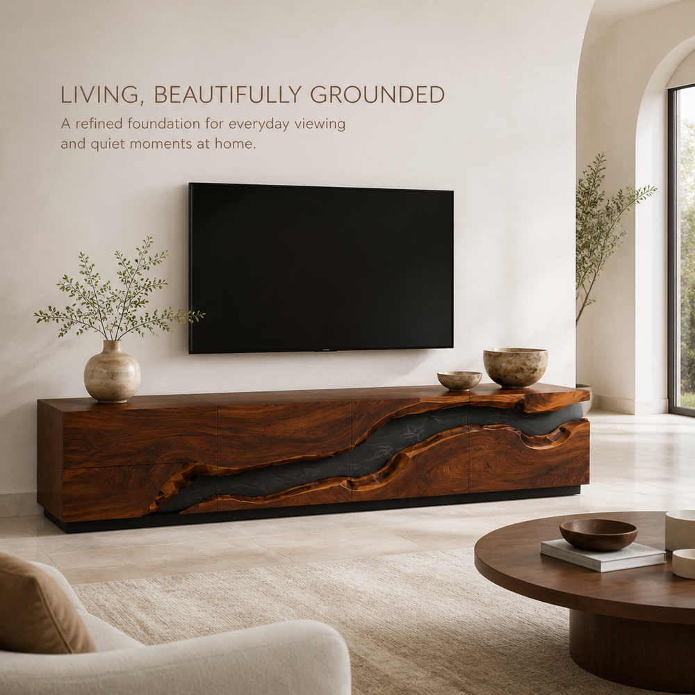 Maelle Sculptural Solid Wood TV Stand - Design 033 - TV stand detail and styling view 01