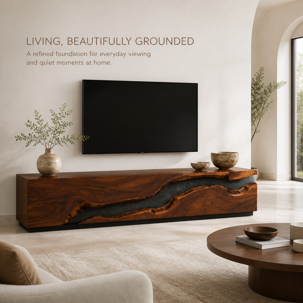 Maelle Sculptural Solid Wood TV Stand - Design 033 - TV stand detail and styling view 01