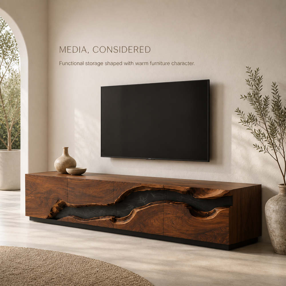 Maelle Sculptural Solid Wood TV Stand - Design 033 - TV stand detail and styling view 02