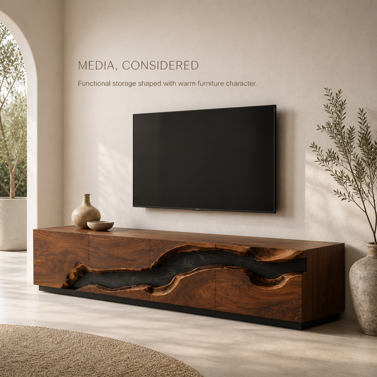 Maelle Sculptural Solid Wood TV Stand - Design 033 - TV stand detail and styling view 02