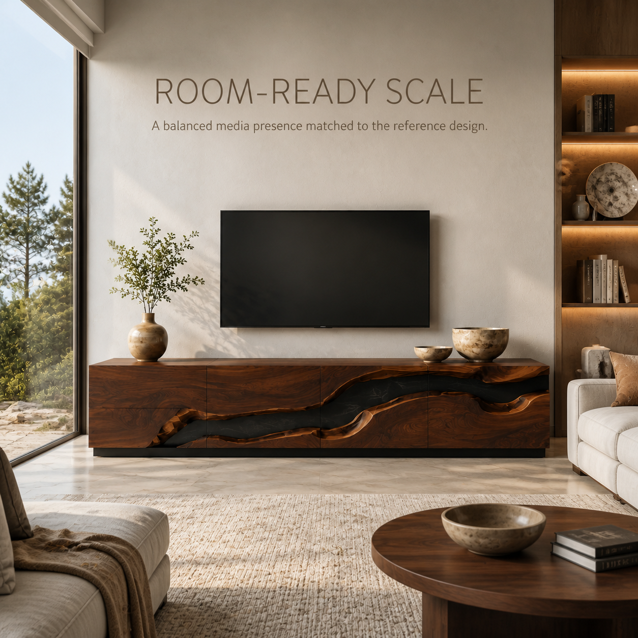 Maelle Sculptural Solid Wood TV Stand - Design 033 - TV stand detail and styling view 03