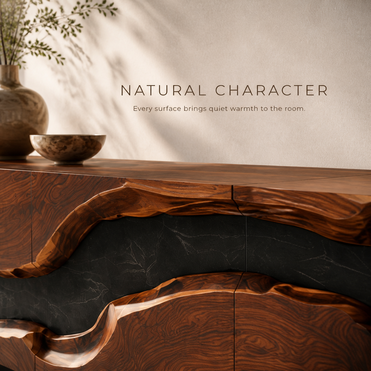 Maelle Sculptural Solid Wood TV Stand - Design 033 - TV stand detail and styling view 04