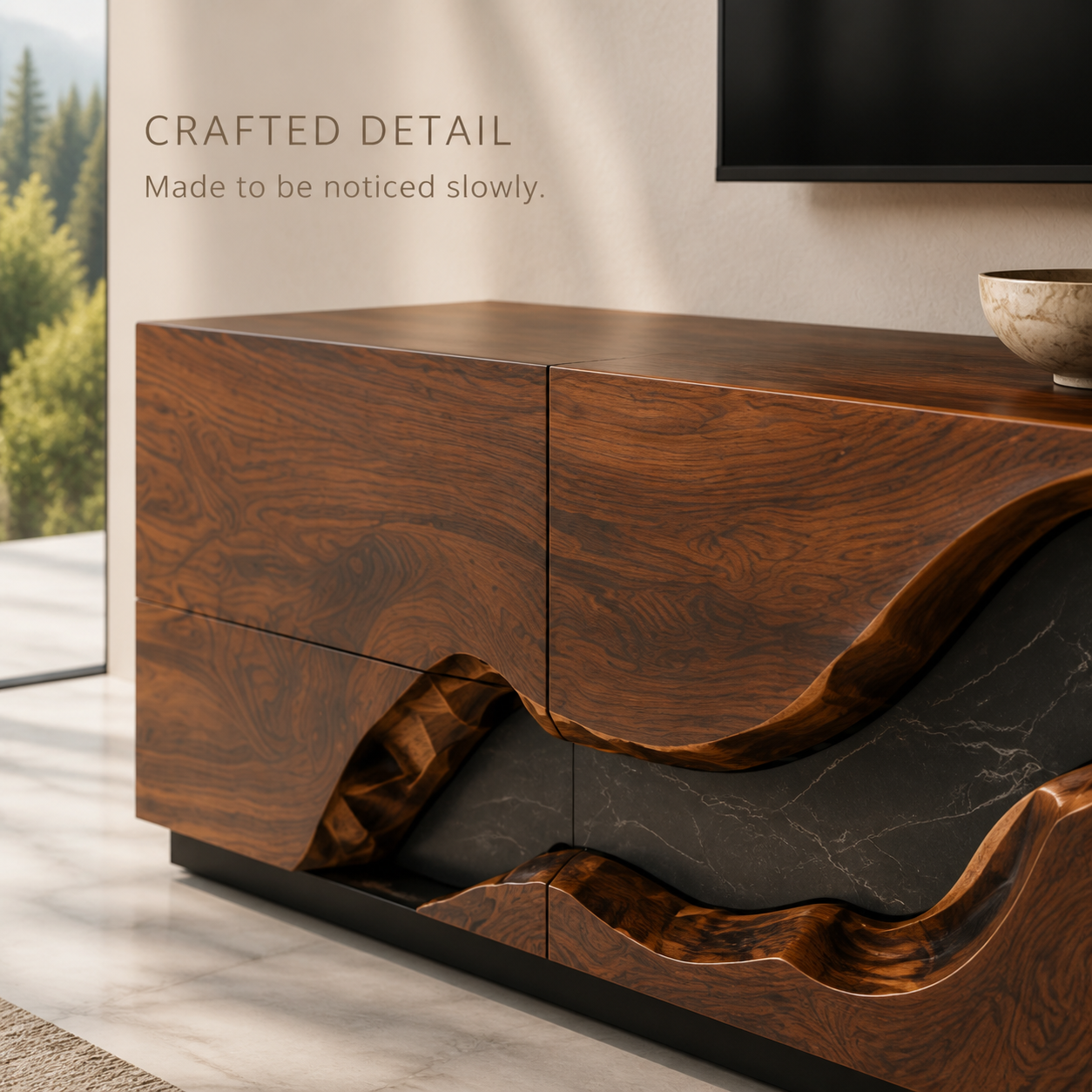 Maelle Sculptural Solid Wood TV Stand - Design 033 - TV stand detail and styling view 05
