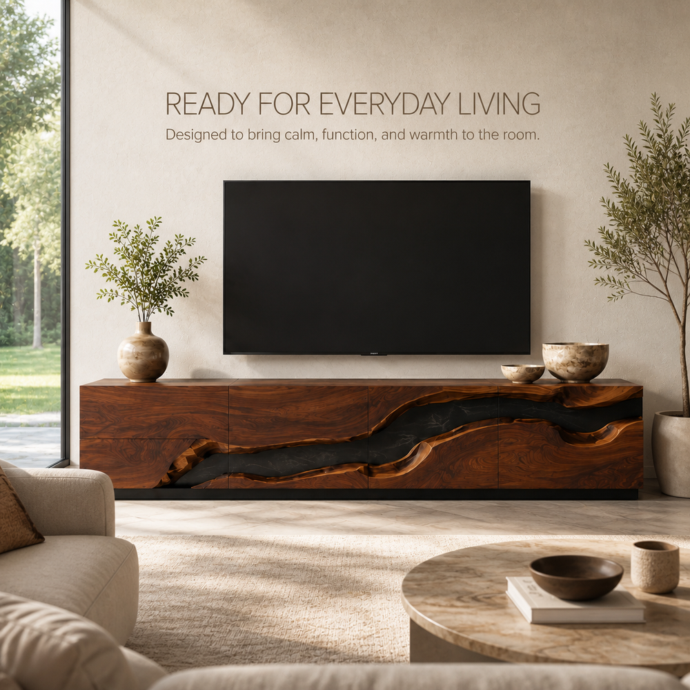 Maelle Sculptural Solid Wood TV Stand - Design 033 - TV stand detail and styling view 06