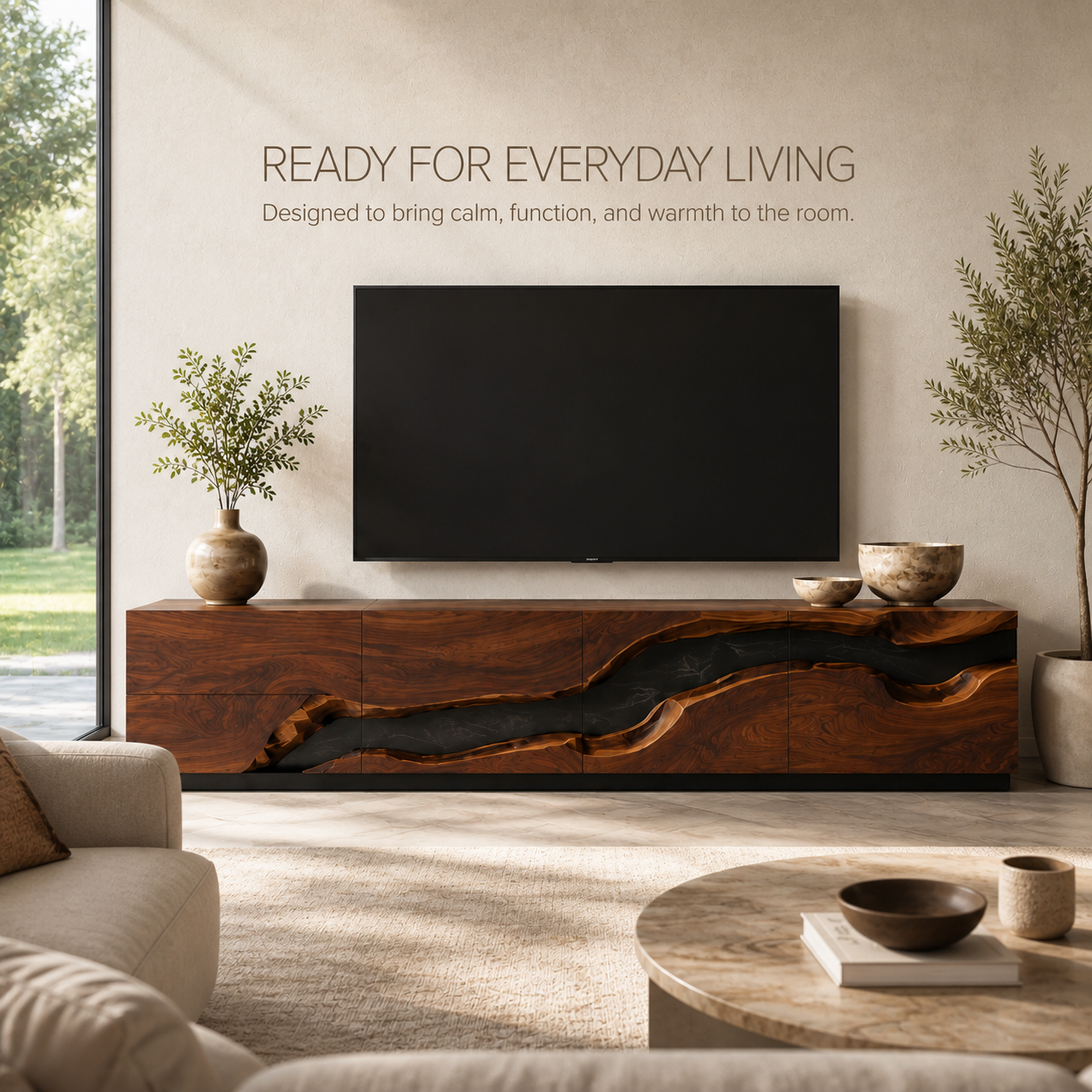 Maelle Sculptural Solid Wood TV Stand - Design 033 - TV stand detail and styling view 06