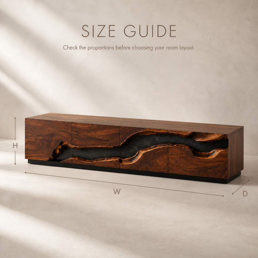 Maelle Sculptural Solid Wood TV Stand - Design 033 - TV stand detail and styling view 07