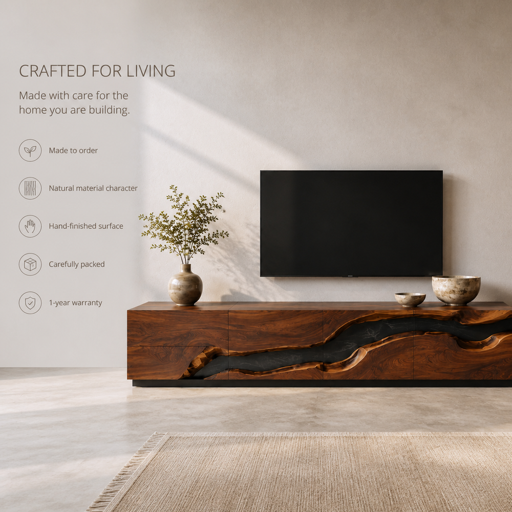 Maelle Sculptural Solid Wood TV Stand - Design 033 - TV stand detail and styling view 08