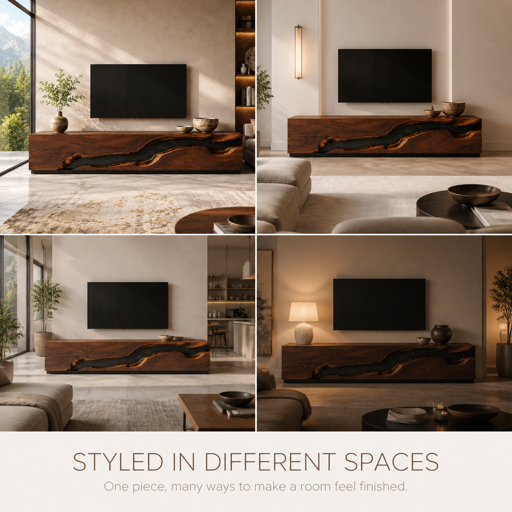 Maelle Sculptural Solid Wood TV Stand - Design 033 - TV stand detail and styling view 09