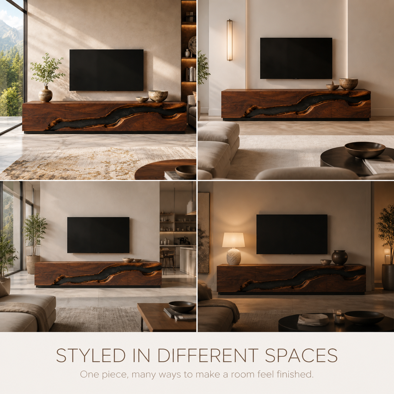 Maelle Sculptural Solid Wood TV Stand - Design 033 - TV stand detail and styling view 09