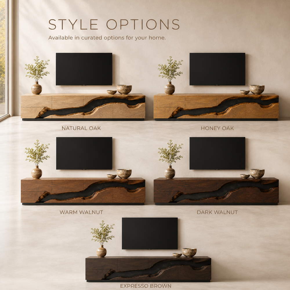 Maelle Sculptural Solid Wood TV Stand - Design 033 - TV stand detail and styling view 10