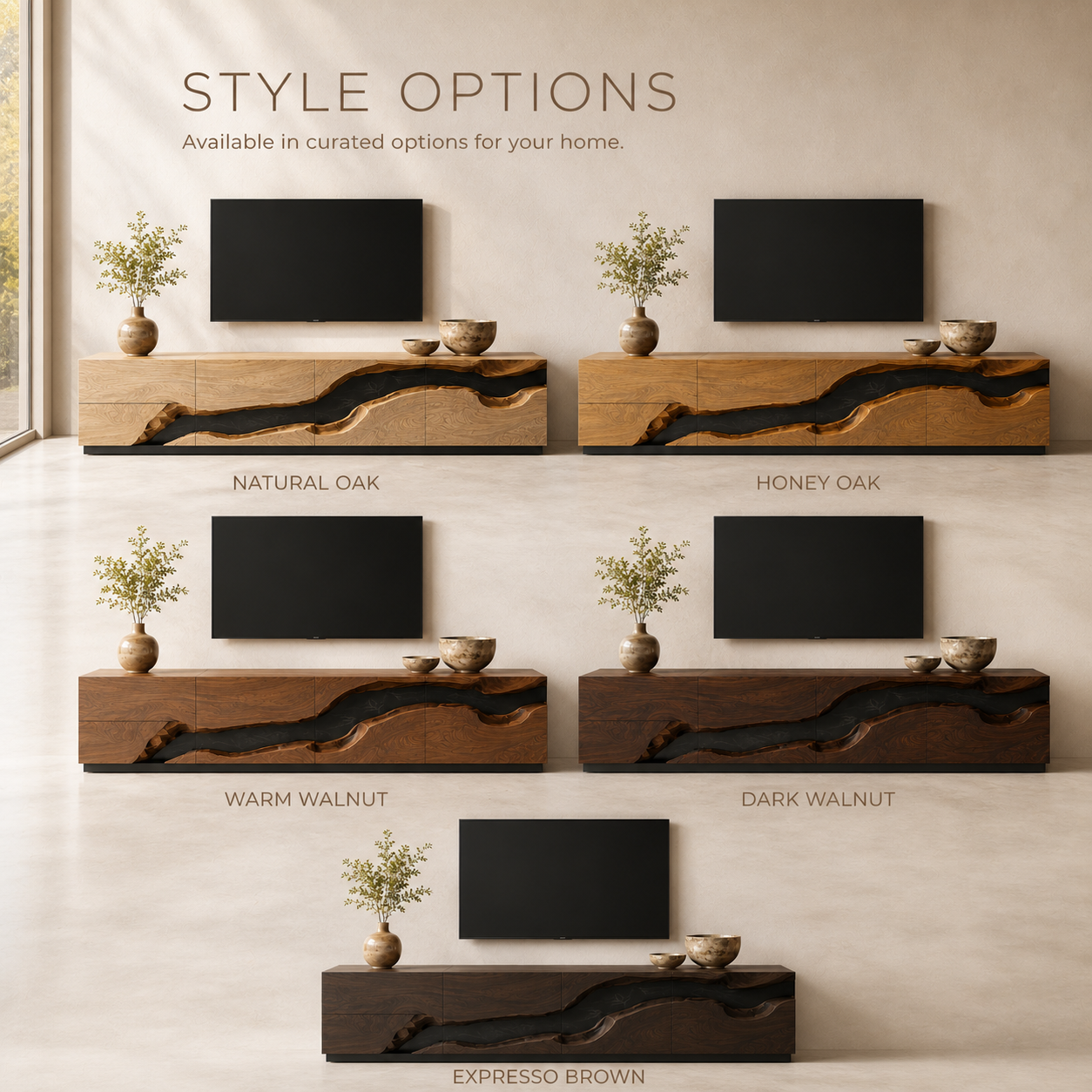 Maelle Sculptural Solid Wood TV Stand - Design 033 - TV stand detail and styling view 10