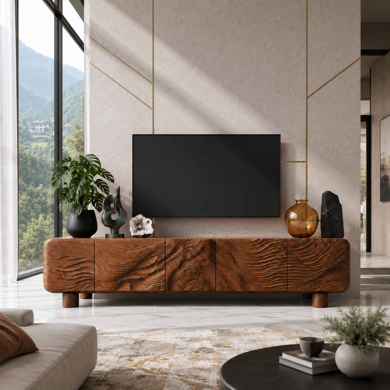 Corin Sculptural Solid Wood TV Stand - Design 034 - premium solid wood TV stand main lifestyle view