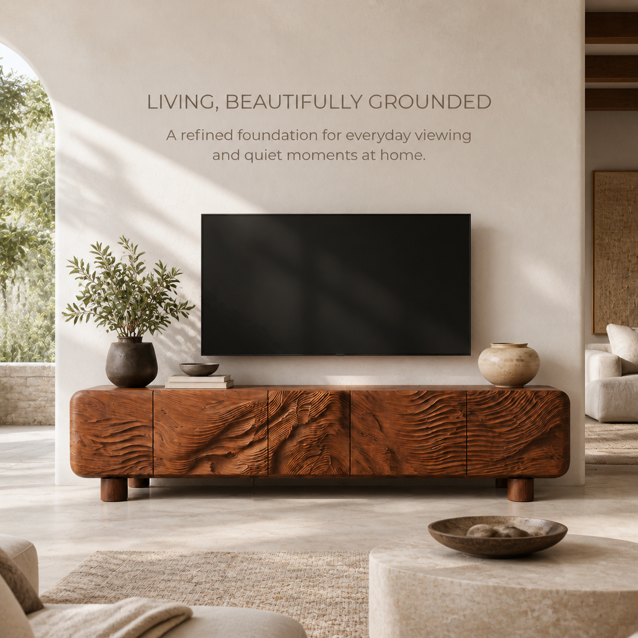 Corin Sculptural Solid Wood TV Stand - Design 034 - TV stand detail and styling view 01