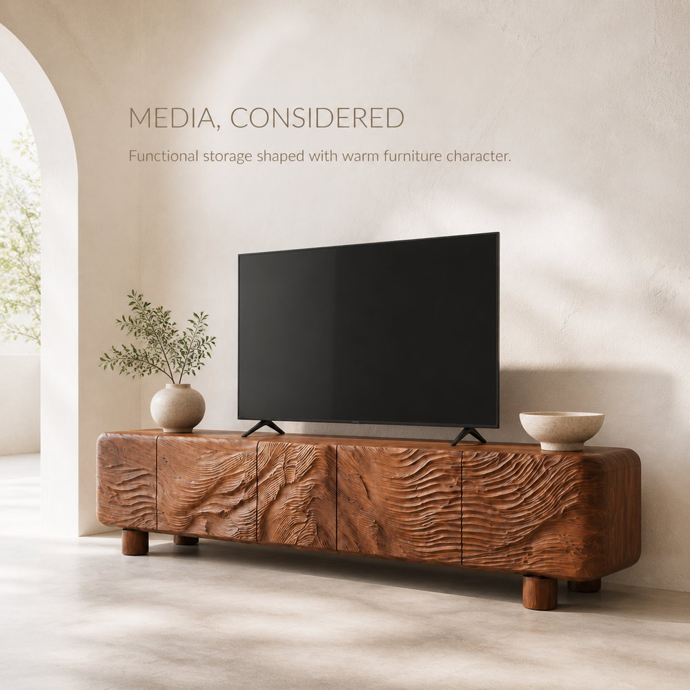 Corin Sculptural Solid Wood TV Stand - Design 034 - TV stand detail and styling view 02
