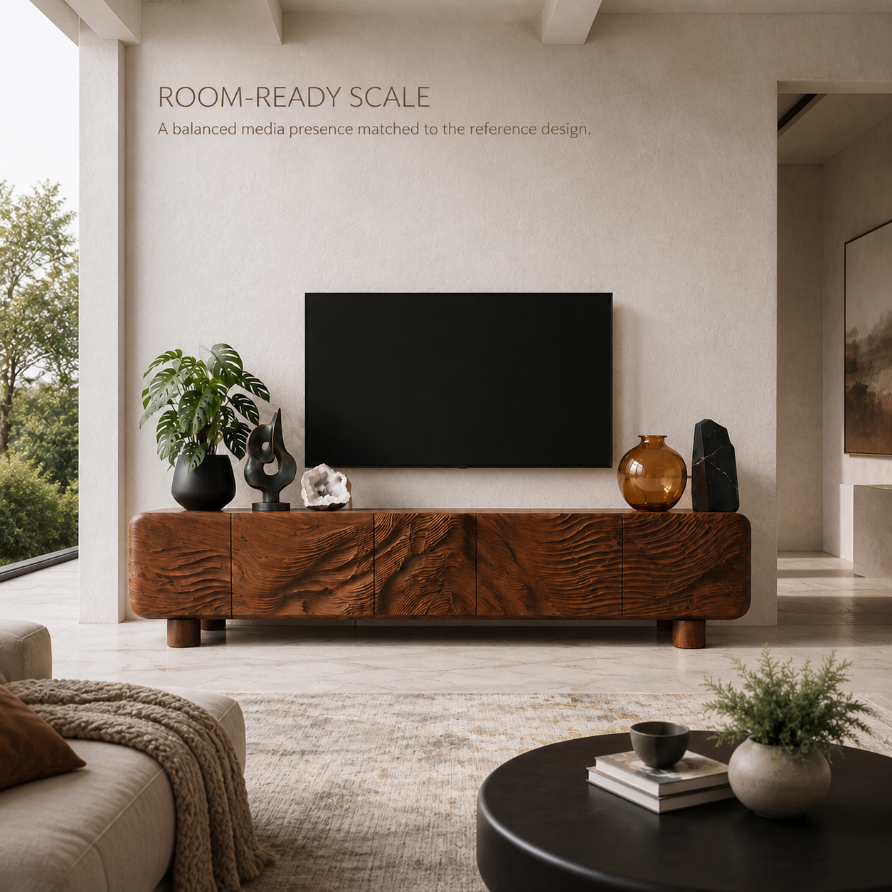 Corin Sculptural Solid Wood TV Stand - Design 034 - TV stand detail and styling view 03