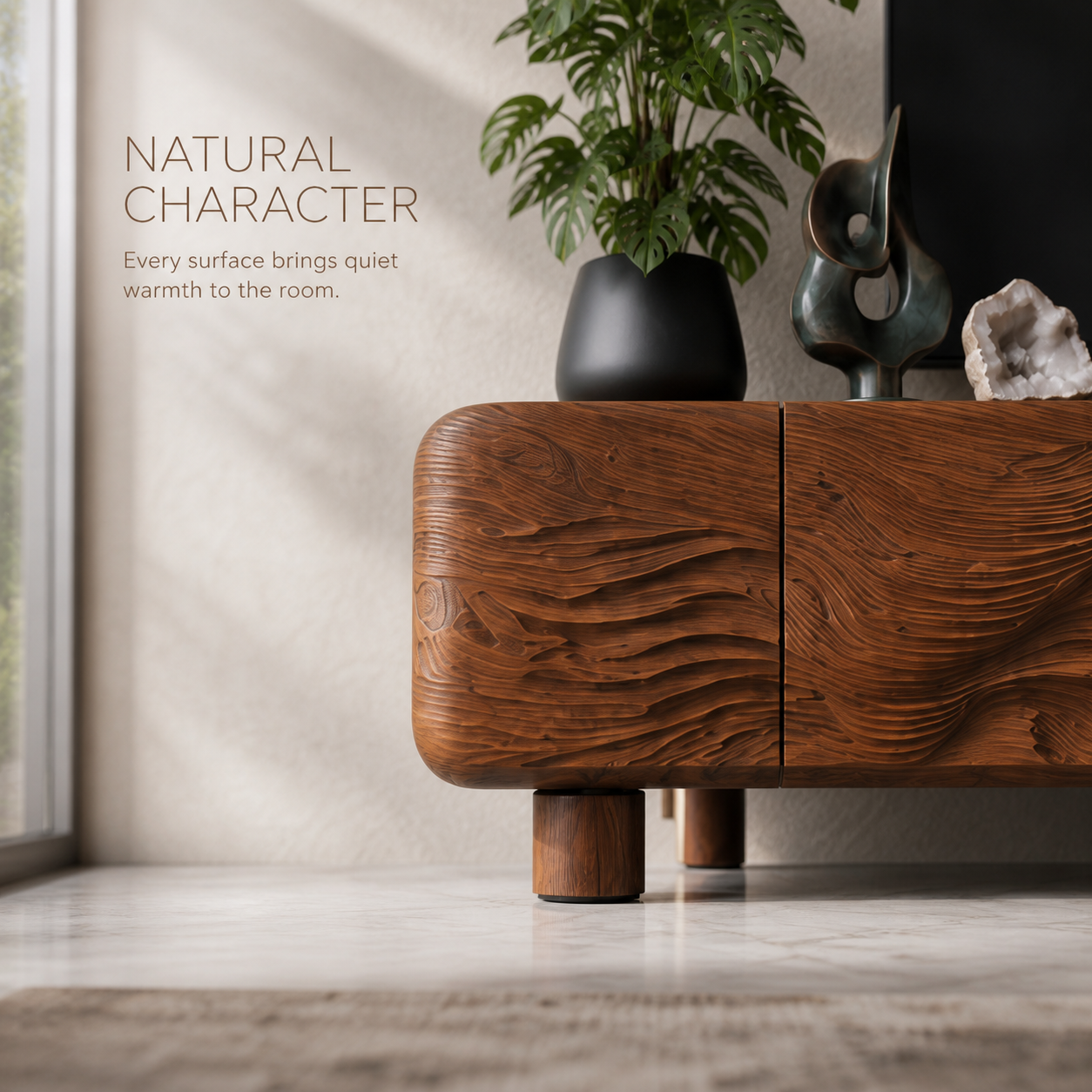 Corin Sculptural Solid Wood TV Stand - Design 034 - TV stand detail and styling view 04