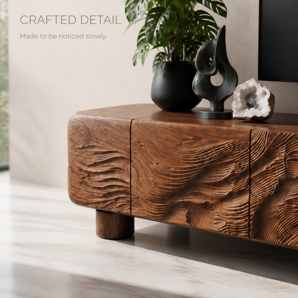 Corin Sculptural Solid Wood TV Stand - Design 034 - TV stand detail and styling view 05