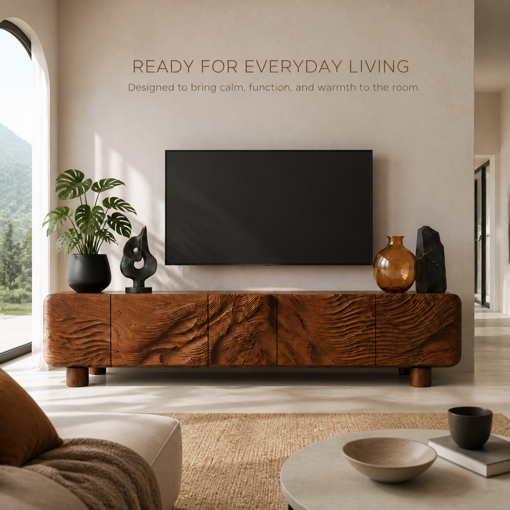 Corin Sculptural Solid Wood TV Stand - Design 034 - TV stand detail and styling view 06