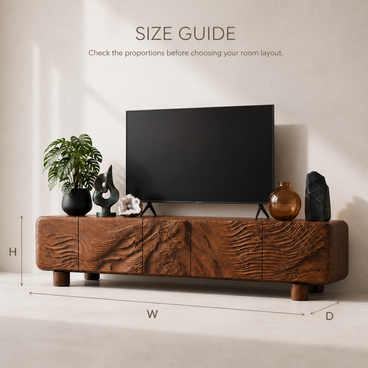 Corin Sculptural Solid Wood TV Stand - Design 034 - TV stand detail and styling view 07