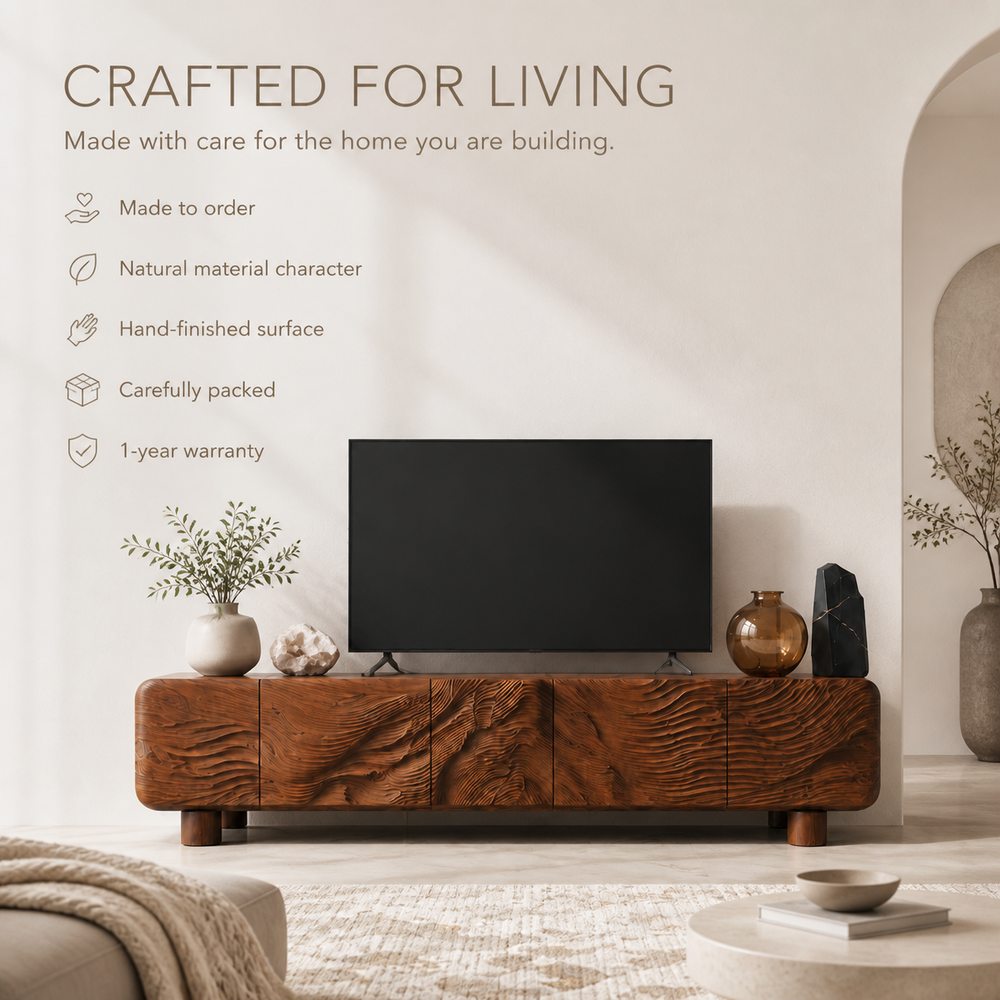 Corin Sculptural Solid Wood TV Stand - Design 034 - TV stand detail and styling view 08