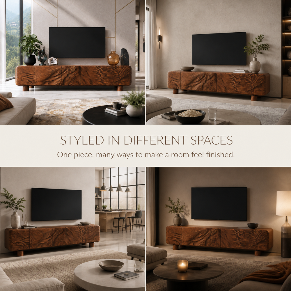 Corin Sculptural Solid Wood TV Stand - Design 034 - TV stand detail and styling view 09
