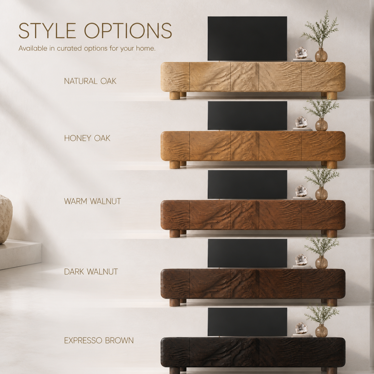 Corin Sculptural Solid Wood TV Stand - Design 034 - TV stand detail and styling view 10