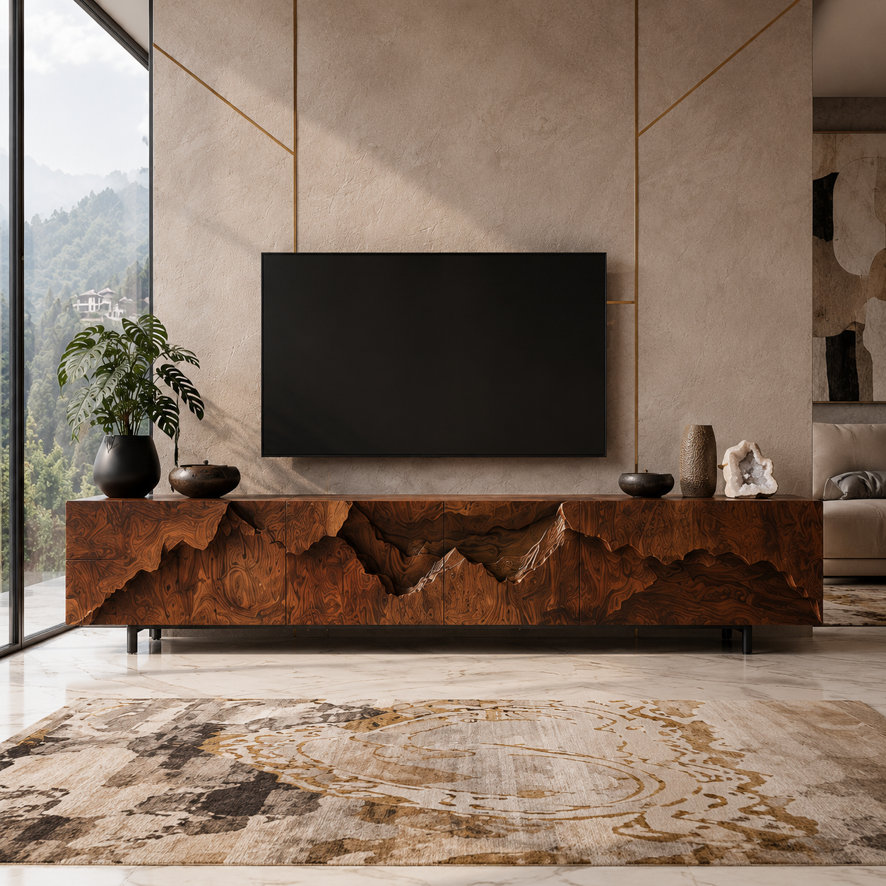 Amara Sculptural Solid Wood TV Stand - Design 035 - premium solid wood TV stand main lifestyle view